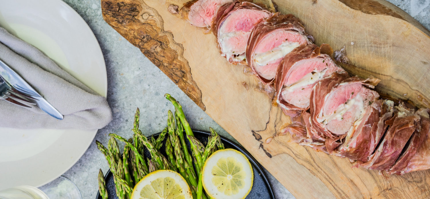 STUFFED PORK TENDERLOIN WITH BOURSIN, PEARS AND PROSCIUTTO