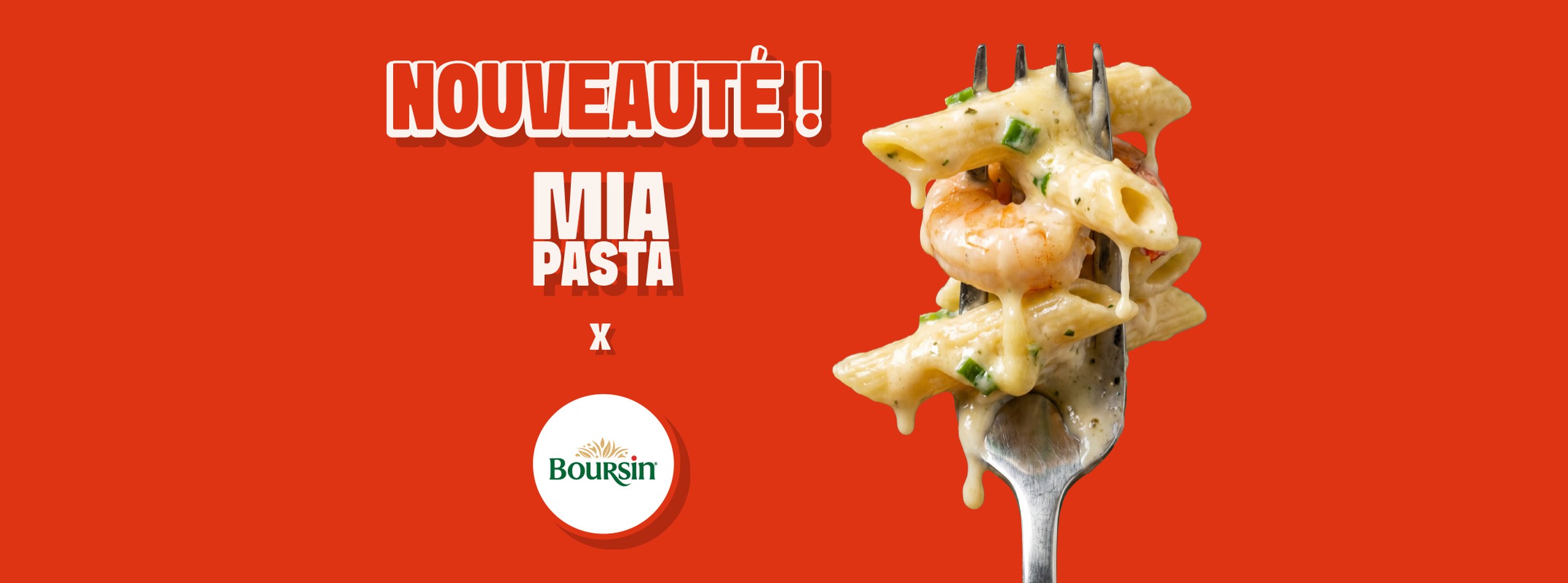 Boursin et pâtes avec crevettes dans le nouveau plat crémeux de Mia Pasta.