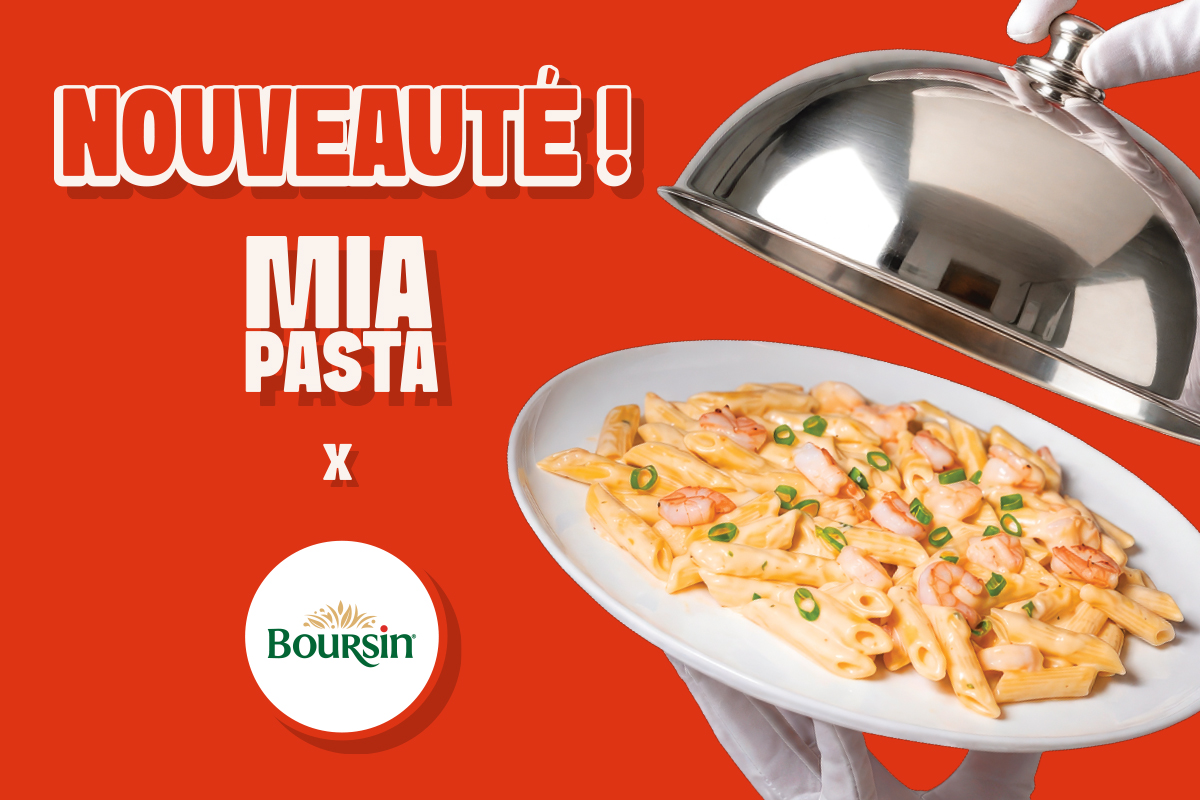 Sauce crémeuse Boursin et pâtes penne accompagnées de crevettes.